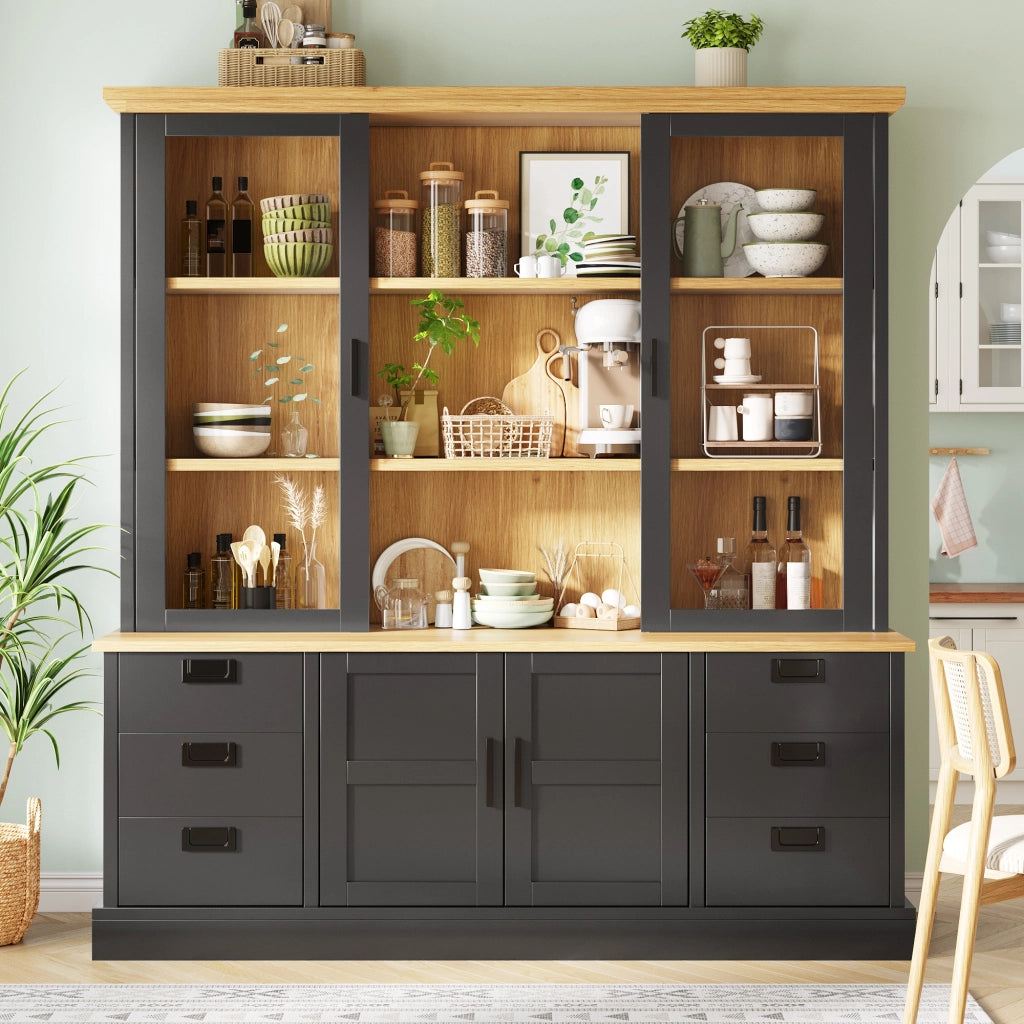 Dispensa alta con 6 cassetti, 6 vani e ante in vetro, per cucina e sala da pranzo, nero, 140 × 40 × 185 cm