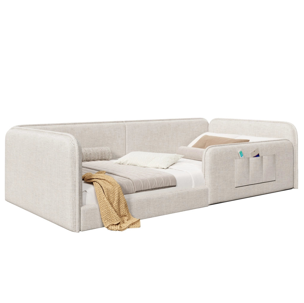 Letto a piattaforma 90x200 cm imbottito in lino beige con tasche laterali