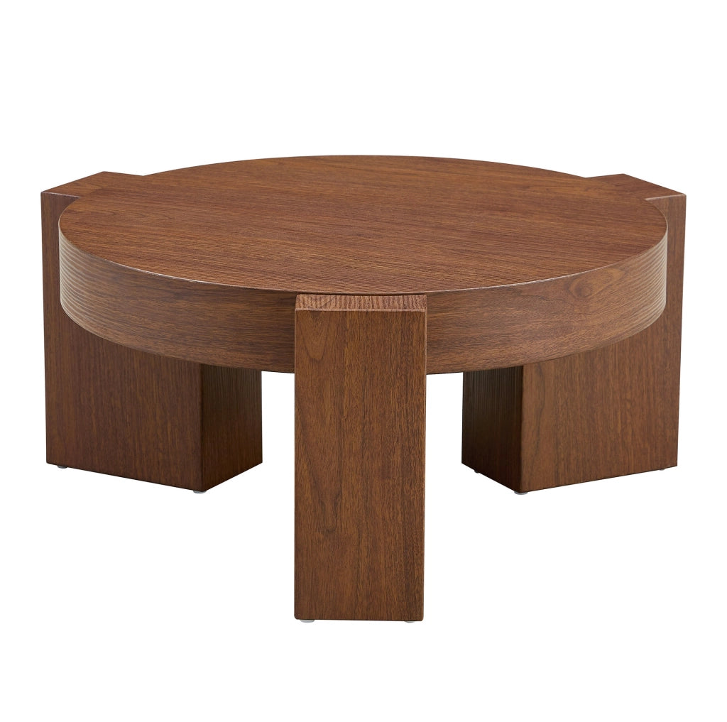 Tavolino da caffè rotondo a due livelli in MDF effetto noce e vetro marrone; 61 cm