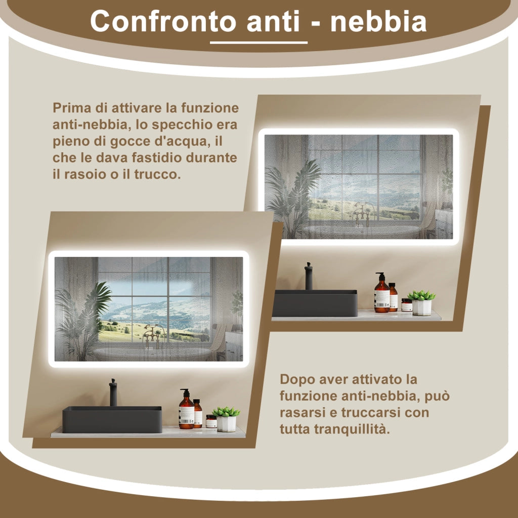 Aica Specchio da bagno a LED con Bluetooth 100 x 60 cm, 3 colori di luce regolabili, tasti a sfioramento