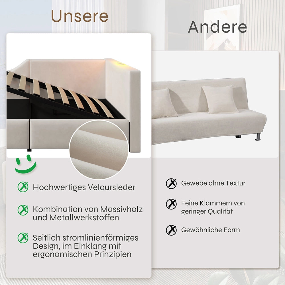Letto a cassone per bambini - Xylo - 90x190 cm - Beige - Luci notturne e ricarica USB-C