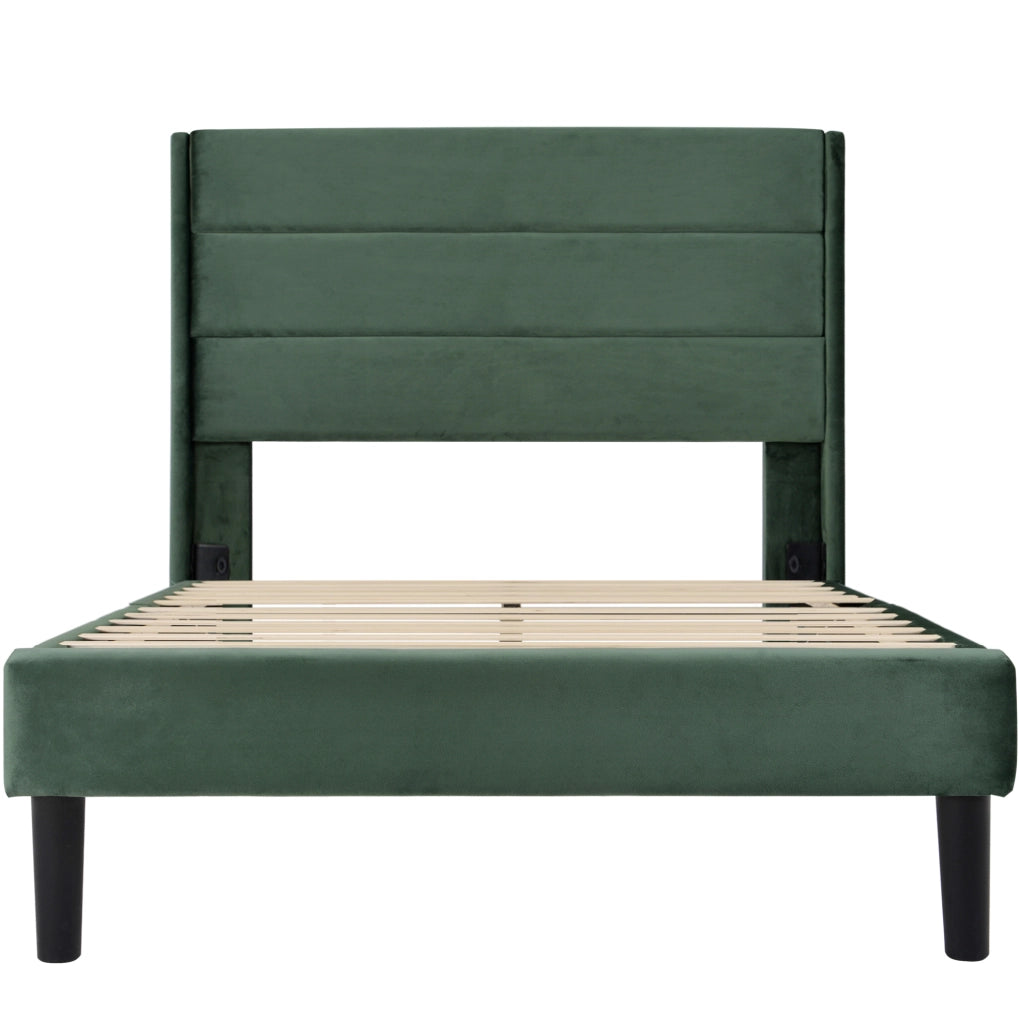 Letto singolo 90x200 cm in velluto verde scuro con rete a doghe e testiera imbottita