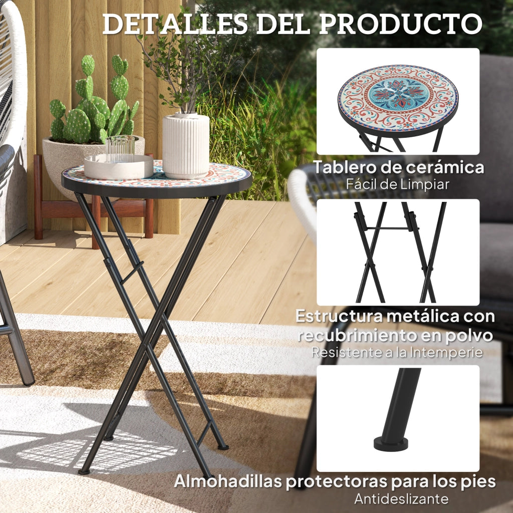 Tavolino da Giardino Pieghevole con Piano a Mosaico e Cuscini Antiscivolo ¨C Zephmum ¨C ?35,5x55 cm Multicolore