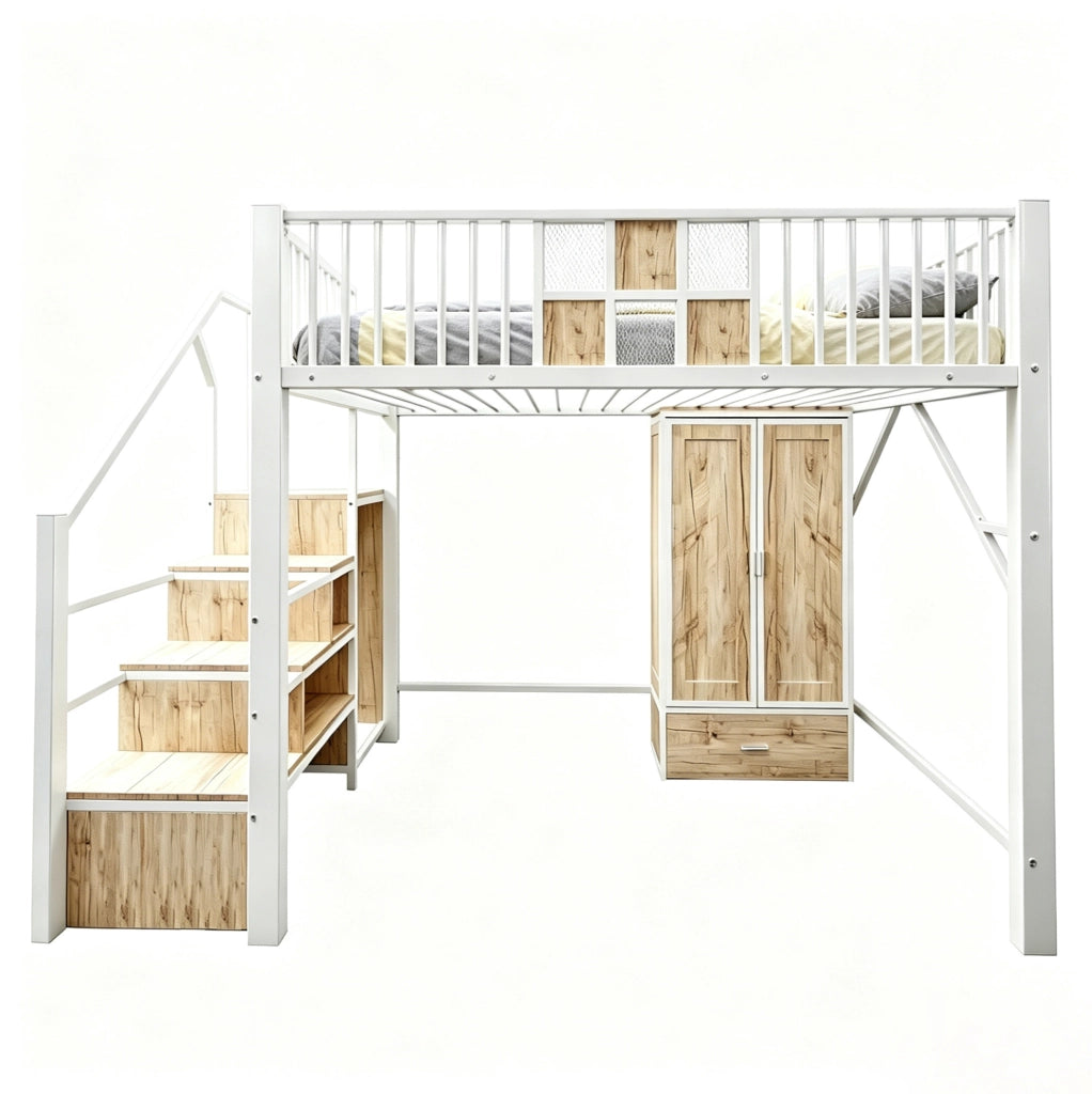 Letto a soppalco 140x200 cm con armadio; cassetto e scala contenitore; bianco