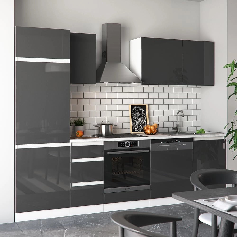 Cucina componibile Optima, Antracite lucido/bianco, 270 cm senza piano di lavoro, senza maniglie, per l'espansione personalizzata e la disposizione flessibile dei moduli