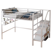 LETTO A CASTELLO 140x200 cm in metallo e MDF bianco con ripiani e scala contenitore