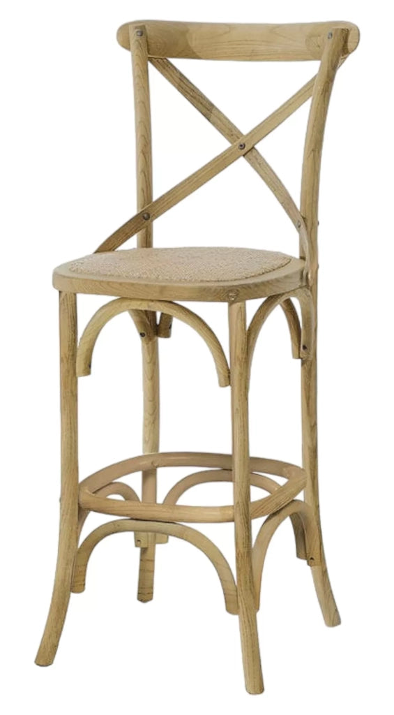Sgabello cross bistrot shabby vintage legno olmo seduta rivestita rattan naturale 50x55x116 - Mobili 2G