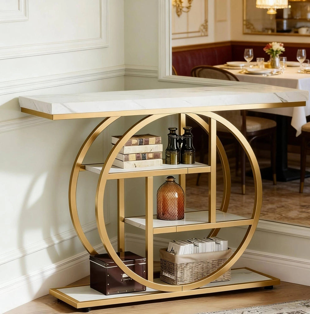Tavolo consolle industriale a 4 livelli 105x30x80 cm in metallo e legno bianco e oro