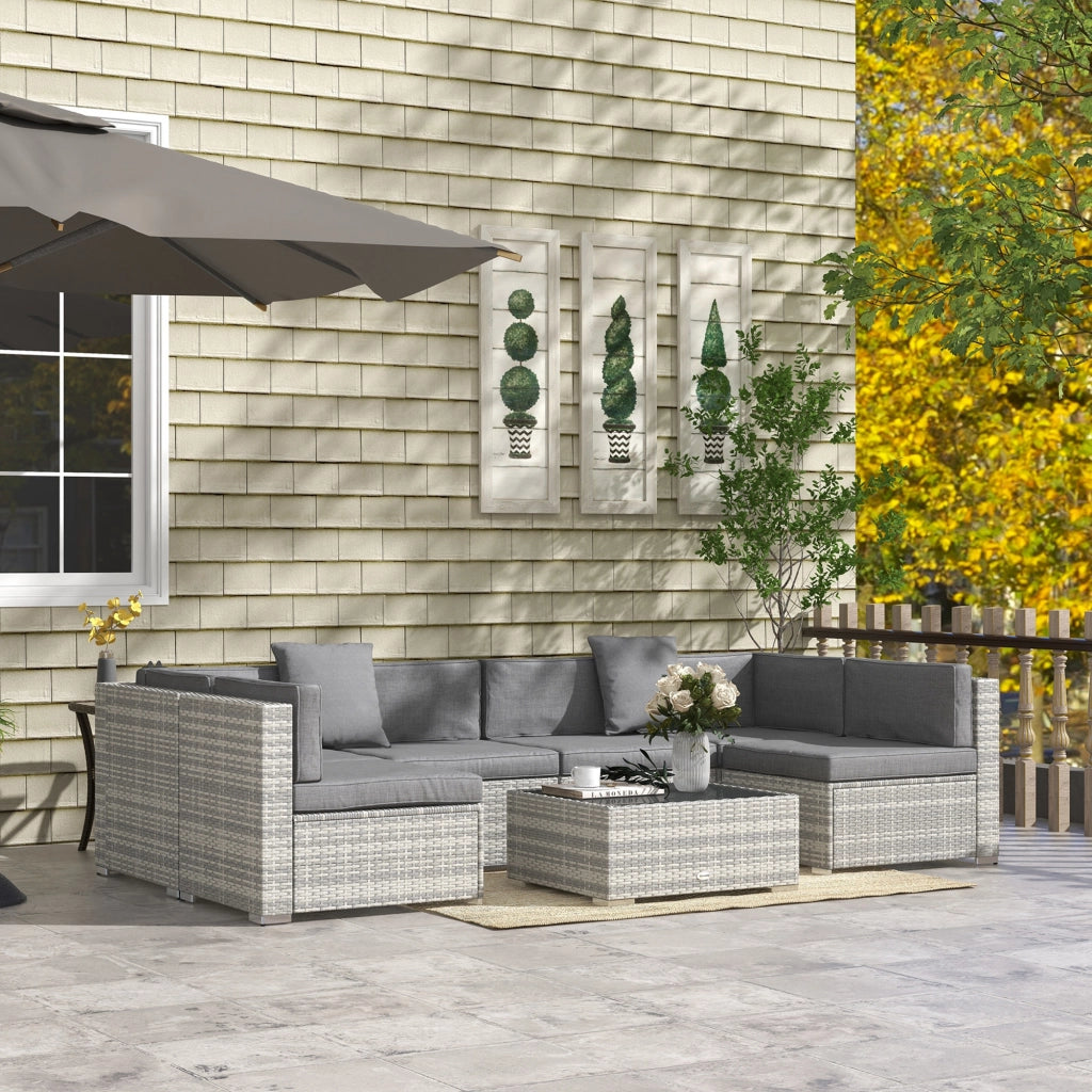 Set salotto da giardino 7 pezzi modulabile ¨C zephmum ¨C grigio, polyrattan, vetro temperato, cuscini