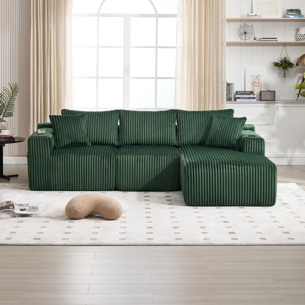 Divano Angolare Modulare con Chaise Longue 2 Posti ¨C MINIMAL ¨C Velluto a Coste, Cuscini, Portabicchieri