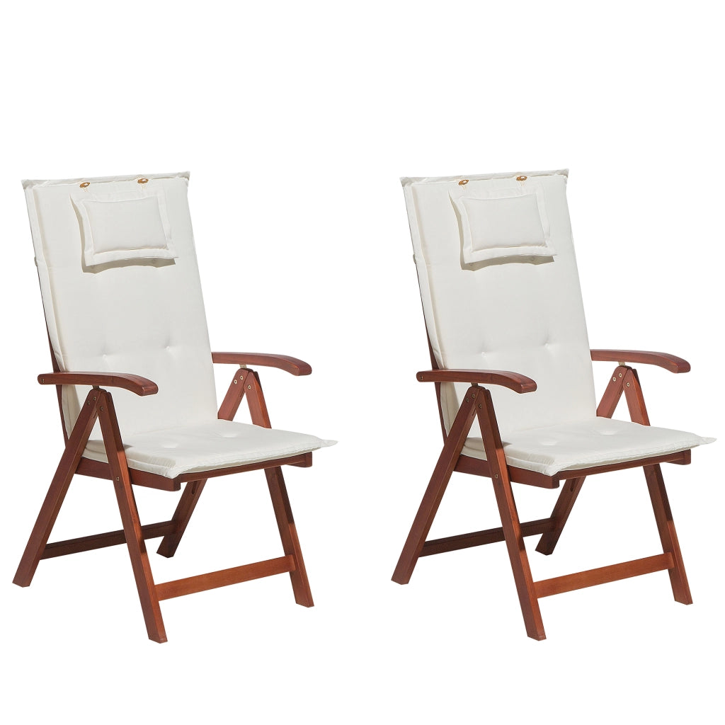 Set di 2 sedie da giardino in legno di acacia cuscino bianco sporco regolabile pieghevole per esterni in stile rustico