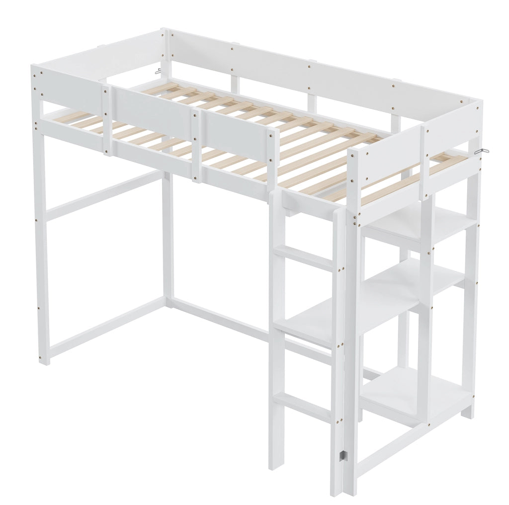 Letto a soppalco con ripiano 90 x 200 cm in legno massiccio di pino; bianco
