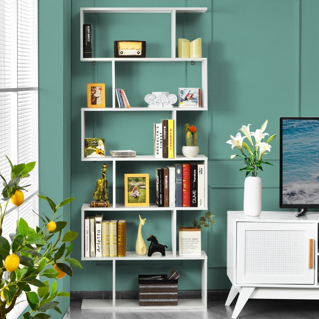 Libreria a 6 livelli a forma di S con dispositivo antiribaltamento-Scaffale di legno per casa e ufficio Bianco