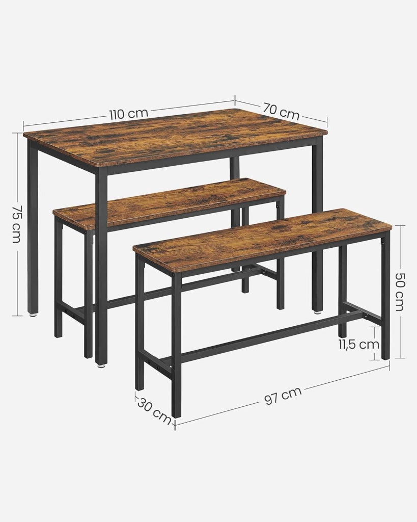 VASAGLE Tavolino da Pranzo con 2 Panche, Set di 3 Pezzi, Tavolo da Cucina 70 x 110 x 75 cm, 2 Panche 30 x 97 x 50 cm, Struttura in Acciaio, Marrone Vintage e Nero KDT070B01