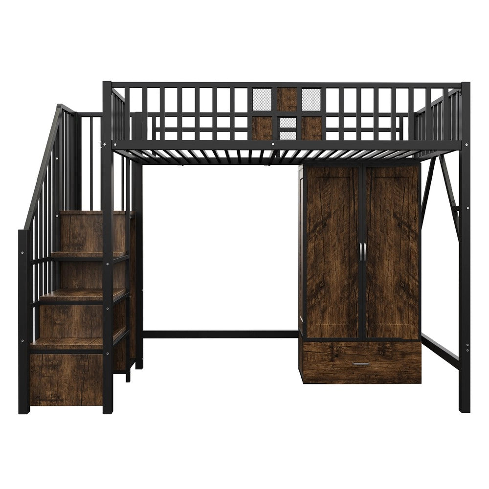 Letto a Soppalco con Armadio e Cassetti ¨C Xylo ¨C Metallo e Legno, Nero, 90x200