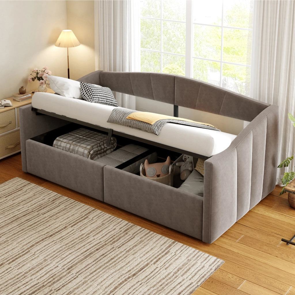 Letto sofà con sistema idraulico in velluto grigio 90x200 cm