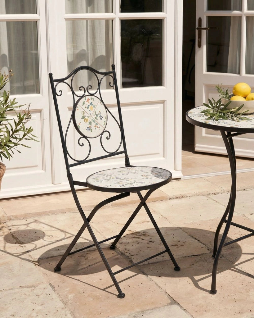 Set di 2 sedie da giardino in ferro nero con piastrelle rotonde in ceramica a mosaico stile ferro battuto pieghevoli