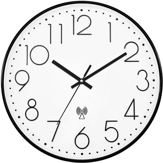 Cronografo a parete a controllo radio, 30 cm, orologio a parete silenzioso, facile da leggere, moderno, senza suono ticchettante, per camere in casa, cucina, camera da letto, ufficio, scuola (nero-bianco)