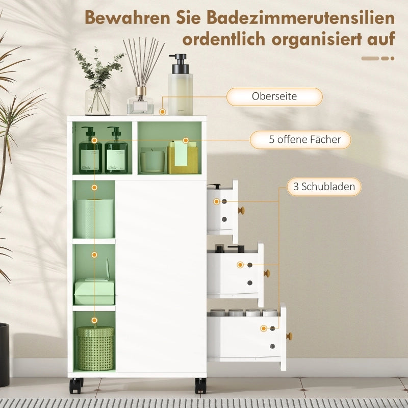Mobile bagno salvaspazio con ruote, 3 cassetti e 5 vani aperti, 20x40x80 cm bianco
