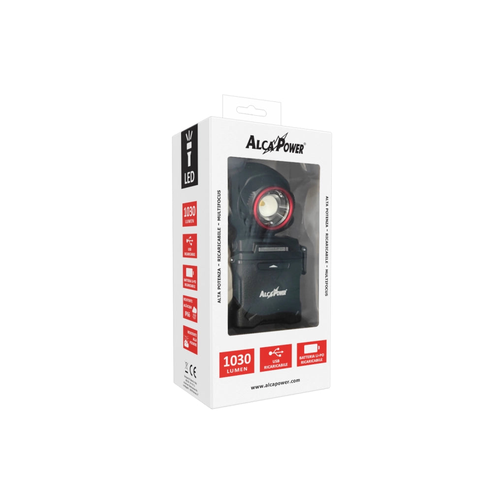 Alcapower Lampada da testa a LED professionale 1030 lumen ricaricabile con focus regolabile, 5 modalità operative e protezione IP66, 2850mAh