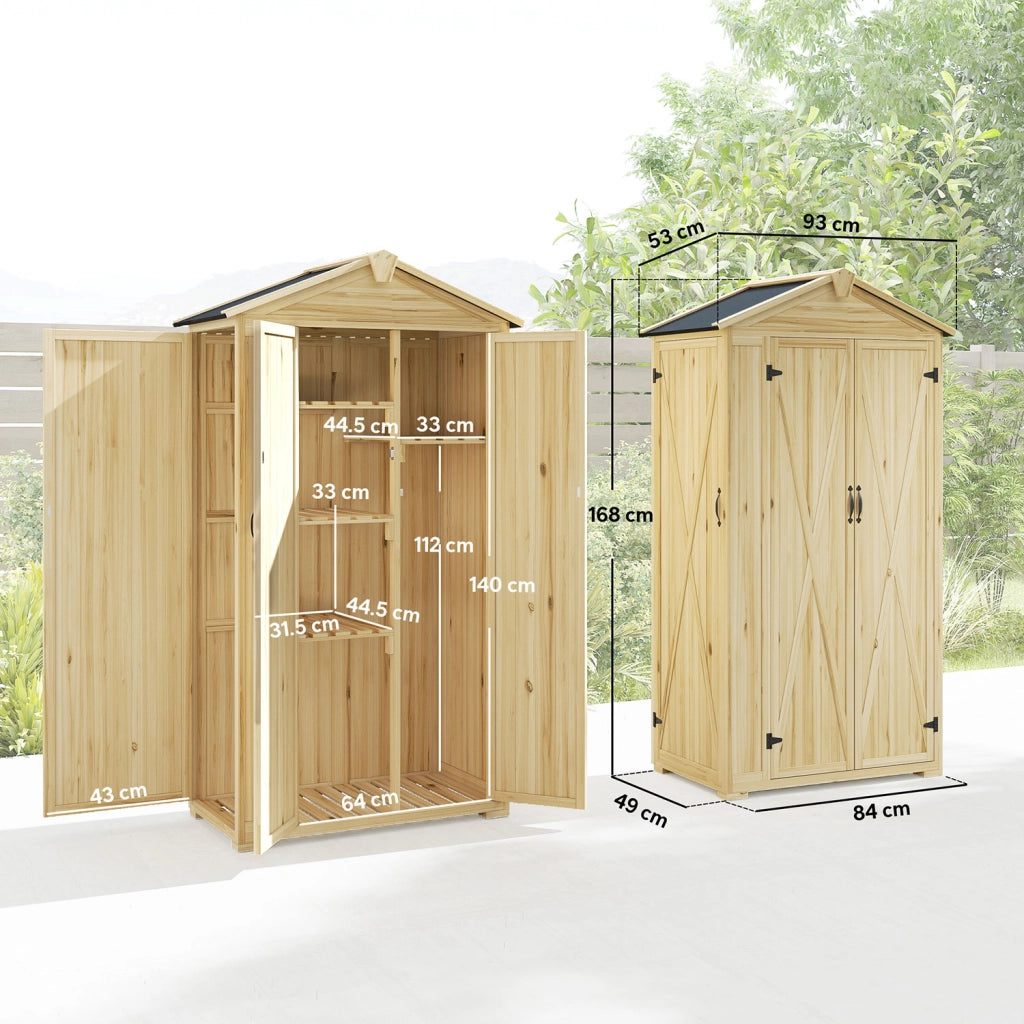 Armadio da Giardino 93x53x168 cm a 3 Ante con 4 Ripiani e Ganci in Legno di Abete Naturale