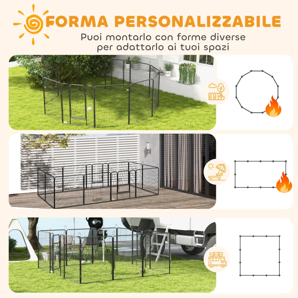 Recinto per Cani a 12 Pannelli Modulabili da 80x100 cm, Pieghevole con Porta in Acciaio e 12 Picchetti, Grigio