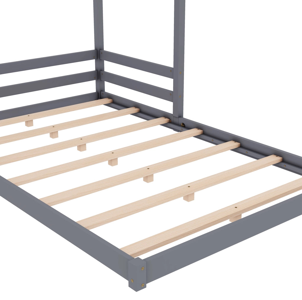 Letto per bambini a forma di casa 140x200 cm con rete a doghe; legno di pino e MDF grigio