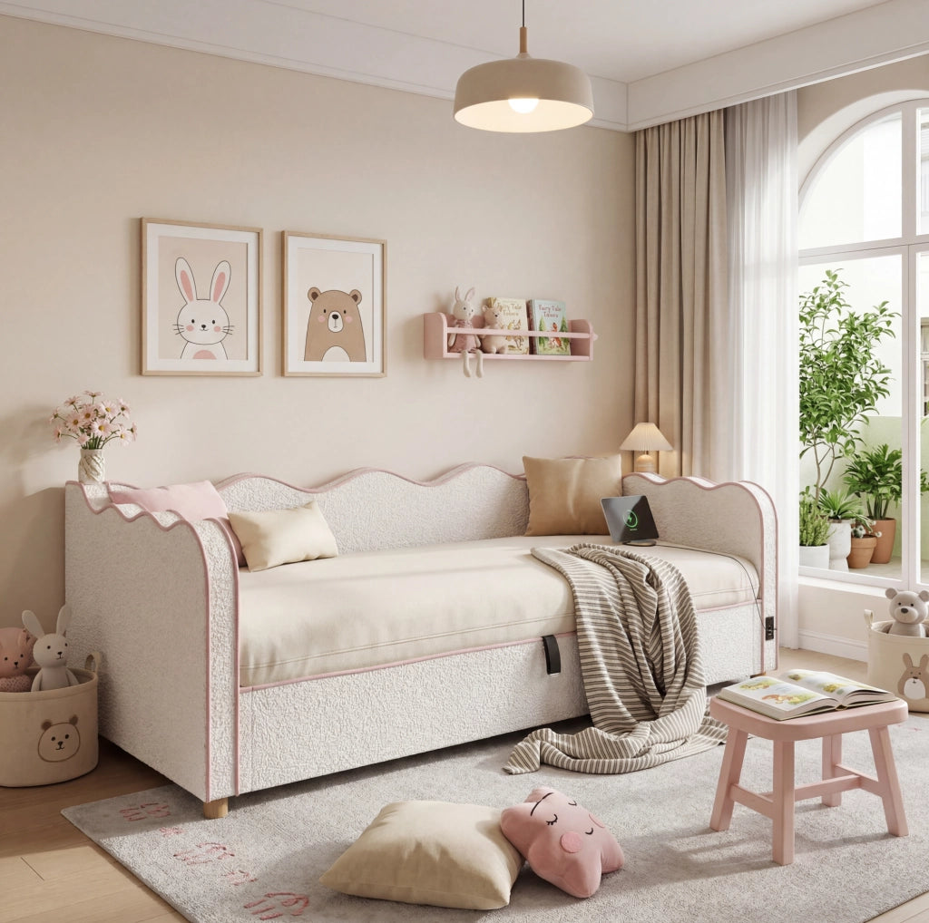Letto 90x200 cm con contenitore idraulico; USB C; bouclé beige