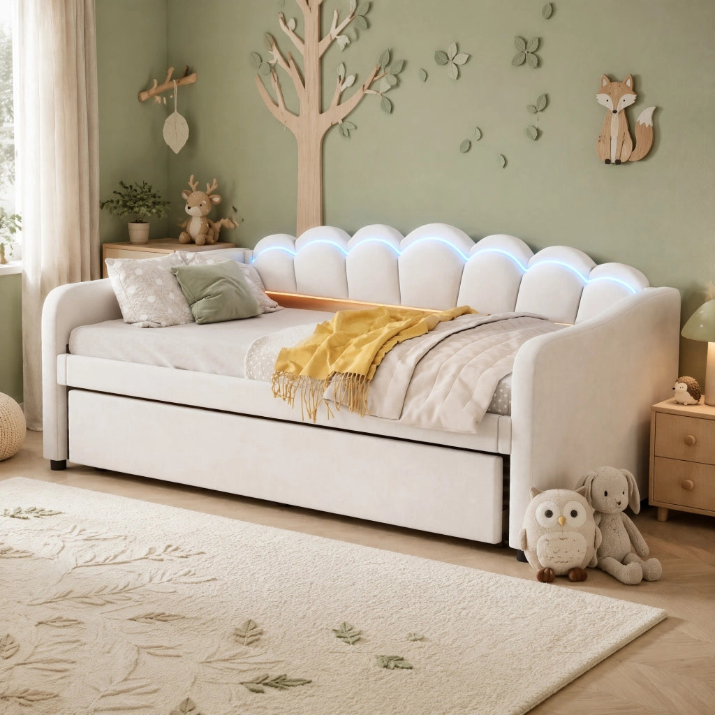 Letto a scomparsa con letto estraibile 90x200 cm, velluto, beige
