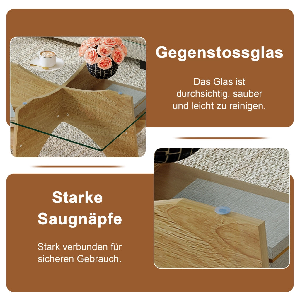 Tavolino da caffè quadrato con vano portaoggetti - per soggiorno - 80×80×40 cm - trasparente e legno