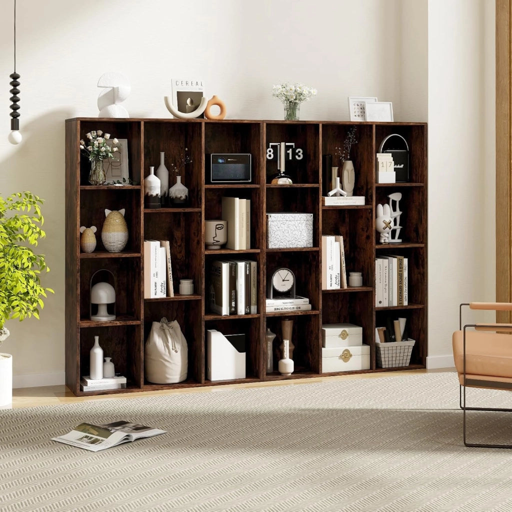 Libreria a 11 scomparti, libreria a scaffale con 2 kit antiribaltamento e pannelli posteriori chiusi, mobile portaoggetti in legno, 74 x 24 x 106 cm (marrone)