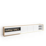 Mobile TV Soggiorno, 310x50x37 cm, Per TV fino a 80", Camino elettrico, LED, Bianco e Rovere soft