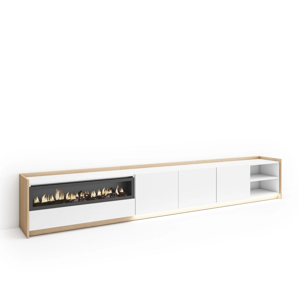 Mobile TV Soggiorno, 310x50x37 cm, Per TV fino a 80", Camino elettrico, LED, Bianco e Rovere soft