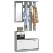 Mobile Appendiabiti 3 in 1 con Scarpiera e Specchio, Ganci e Cassetti, in Legno, 90x10x102 cm, Bianco e Grigio