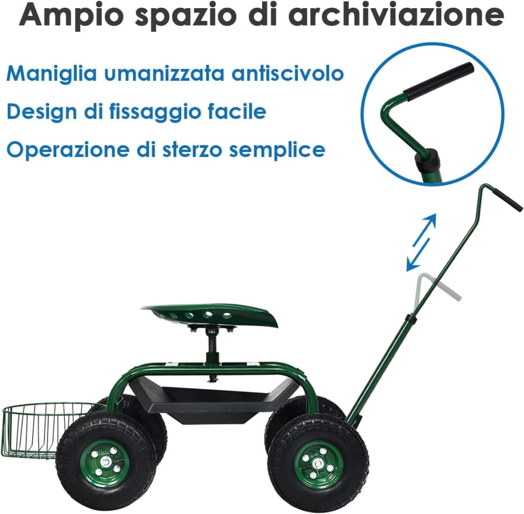 Sgabello per Giardinaggio con Ruote, Sedile da Giardino Regolabile in Altezza con Manico Estensibile, Cesto Portaoggetti, 2 Vassoi e 4 Ruote in Gomma (96,5 x 47,5 x 47-55 cm)