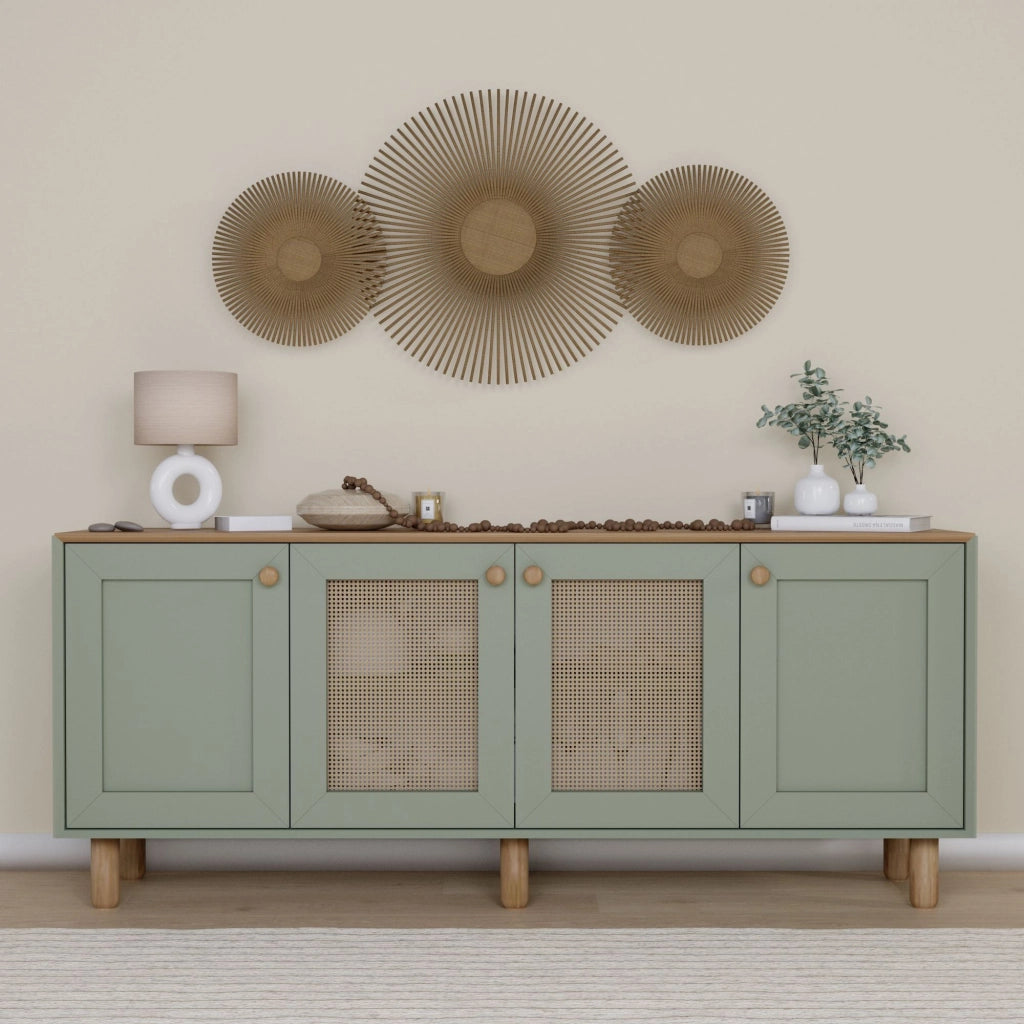 Credenza "Bohemian" in legno e canna - 180 x 40 x 75 cm - Verde