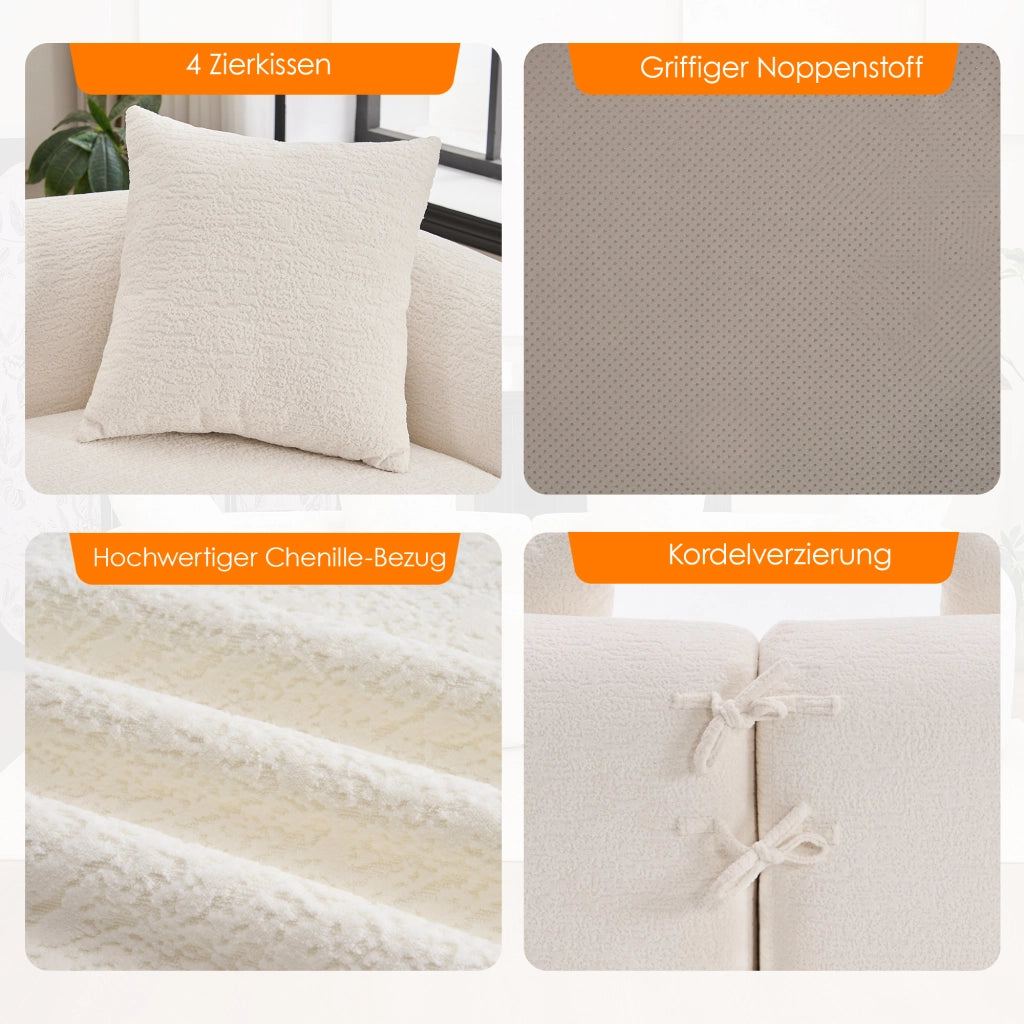 Divano angolare modulare 4 posti con design curvo in ciniglia, seduta comoda, bianco 275 × 115 × 63 cm