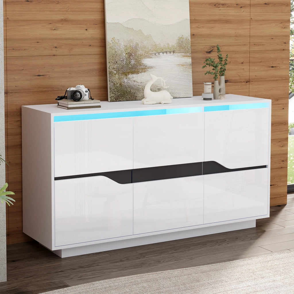 Credenza e madia con LED, 3 ante e ripiani regolabili, per soggiorno, in truciolare, bianco e nero, 140 × 40 × 70 cm