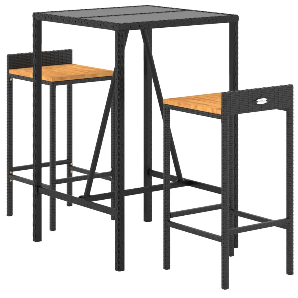 Set Bar Giardino 3 pz Nero Polyrattan e Legno Massello Acacia 3187674