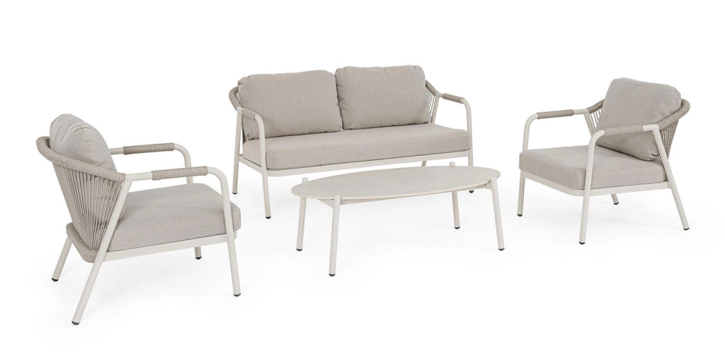 Set 4 Pezzi Salotto da Giardino con Divano 2 Poltrone e Tavolino in Alluminio Corda Poliestere e Pietra Sinterizzata