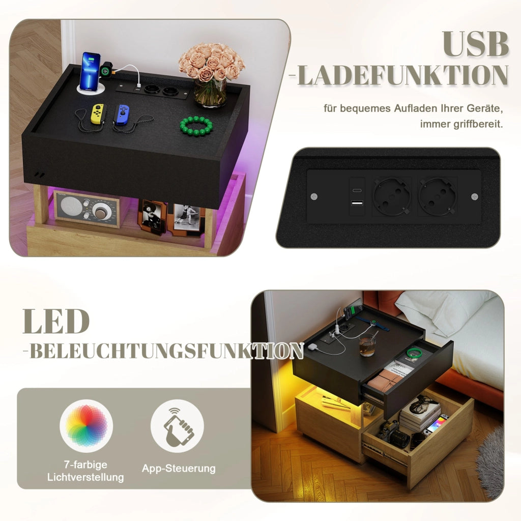 Comodino, 2 cassetti, tavolino a due ripiani, luce a LED, nero e color legno naturale