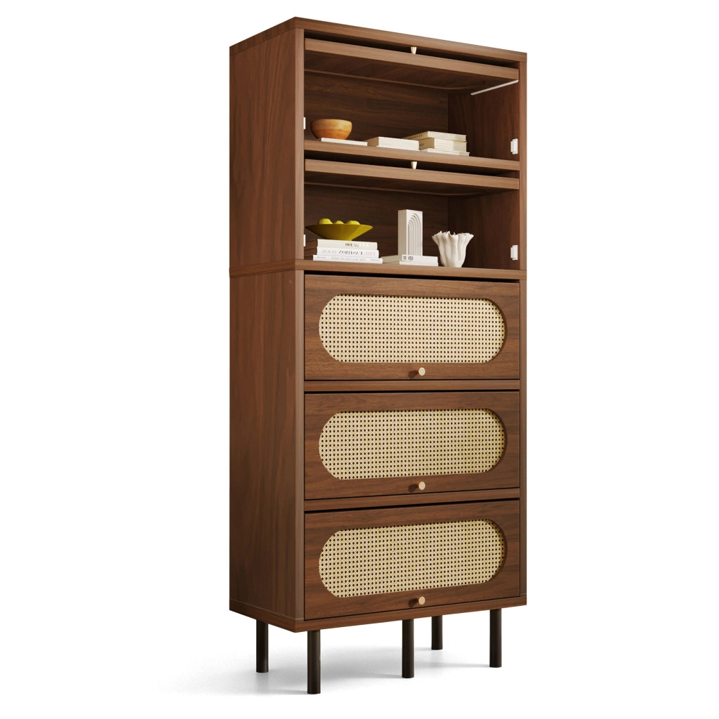 Credenza alta in finitura noce con ante a ribalta, struttura in MDF, truciolato e metallo, 80 x 40 x 163 cm