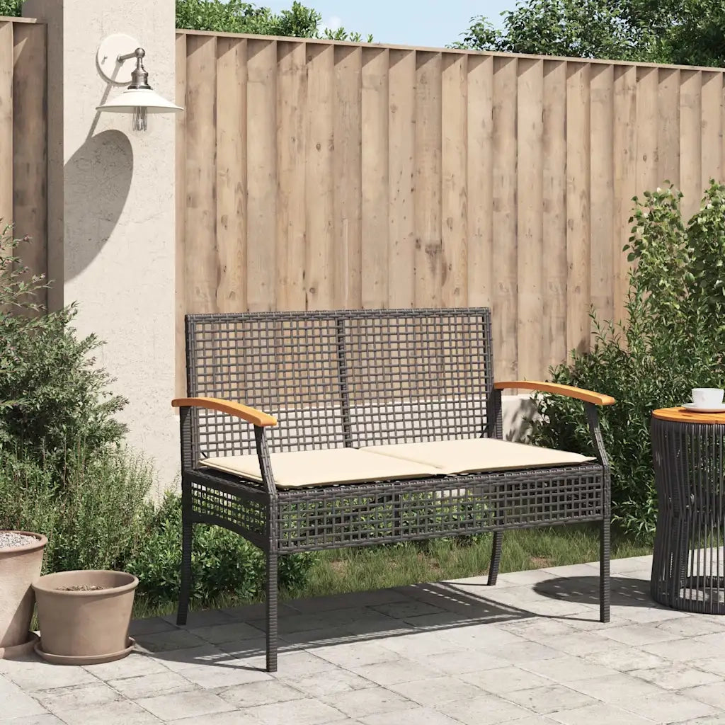 Panca da Giardino con Cuscino Nera in Polyrattan e Legno Acacia 899289