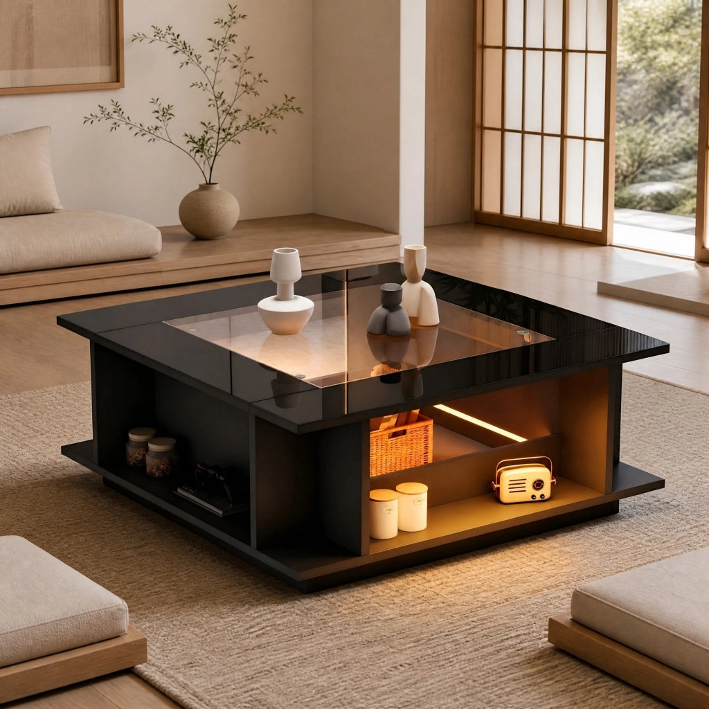 Tavolino da salotto quadrato 70x70x30 cm con piano in vetro, finitura lucida nera, LED e vano contenitore