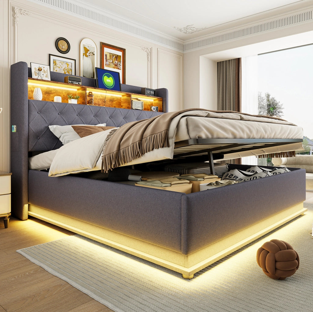 Letto imbottito LED 180 x 200 cm grigio con USB e contenitore