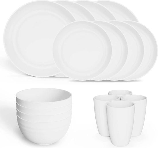 Set di Cucina da Campeggio 4 pezzi, Piatti e Scodelle, Piatti in Plastica, Sicuro per il Microonde, Resistenti alla Lavastoviglie, Set di Cucina da Campeggio per la cucina, RV (bianco)