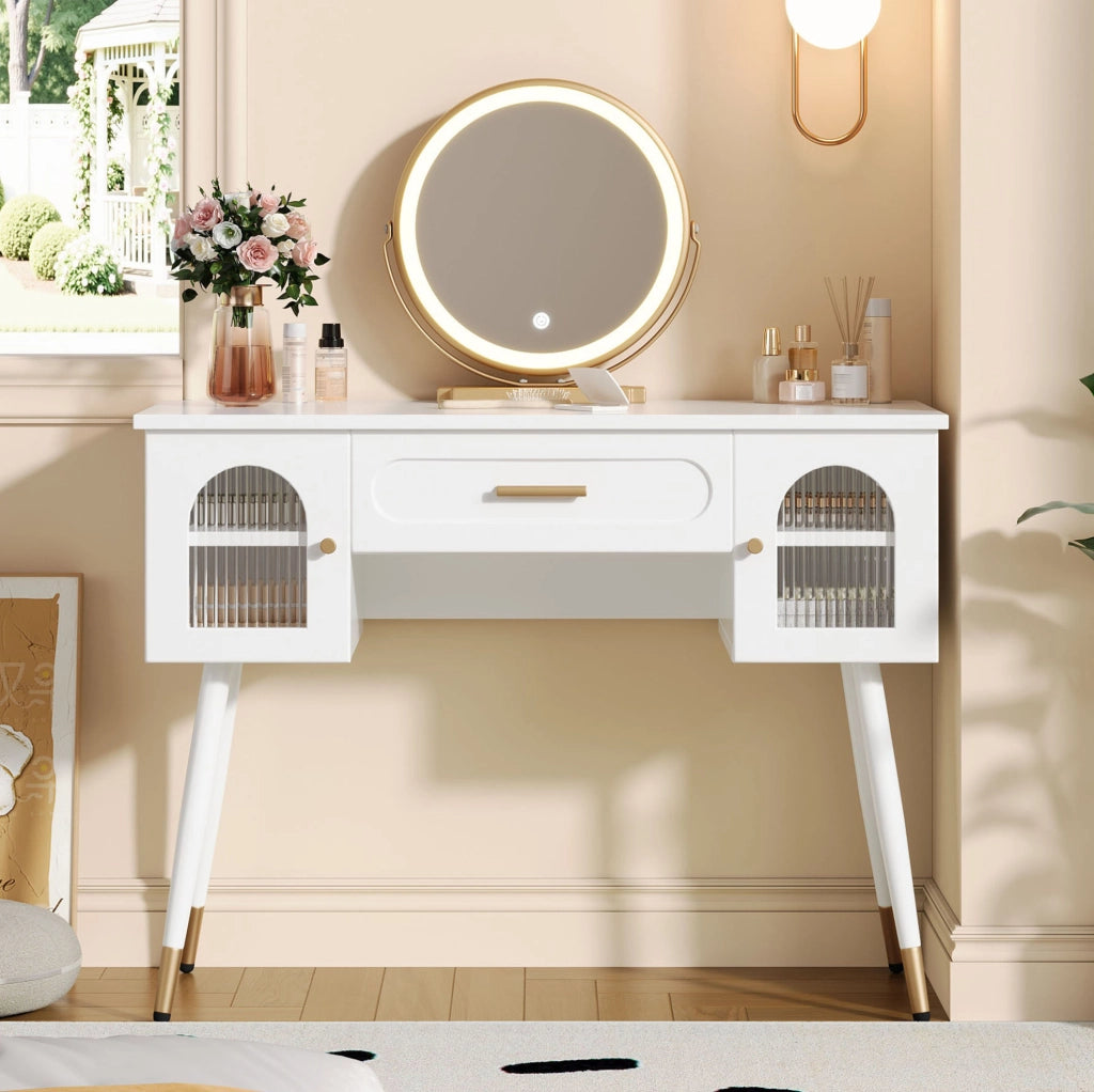 Toeletta 100x42x112 cm bianca e oro in truciolato, specchio LED e 2 ante