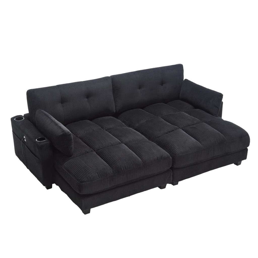 Divano modulare in corduroy nero 2 posti, trasformabile in 2 poltrone, con 2 cuscini, portabicchieri e USB