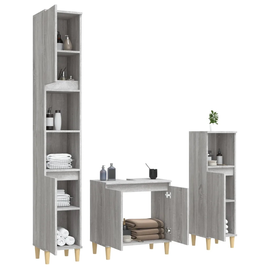 Set Mobili da Bagno | Armadio da bagno 3 pz Grigio Sonoma in Legno Multistrato