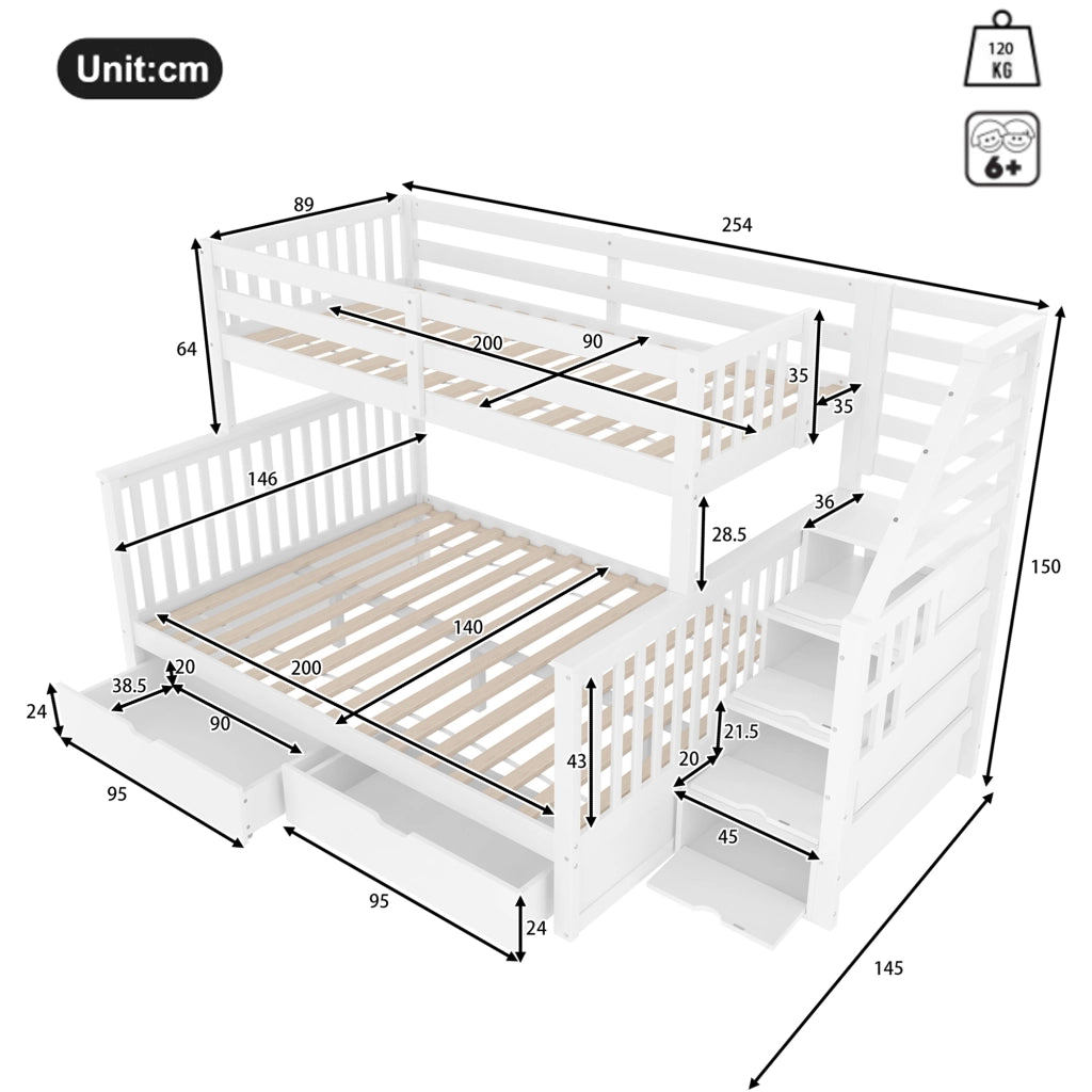 OKWISH Letto a Castello 90×200 cm e 140×200 cm, Letto 3 Posti con 2 Cassetti, Spazio Contenitore e Scala, senza Materasso, Bianco